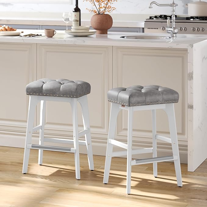 VASAGLE Bar Stools Set of 2, Saddle Counter Height Bar Stools, 26-Inch Backless Kitchen Stools with Wood Legs, PU Leather Thickened Upholstered Barstools for Kitchen Island Dining Room, Dove Gray