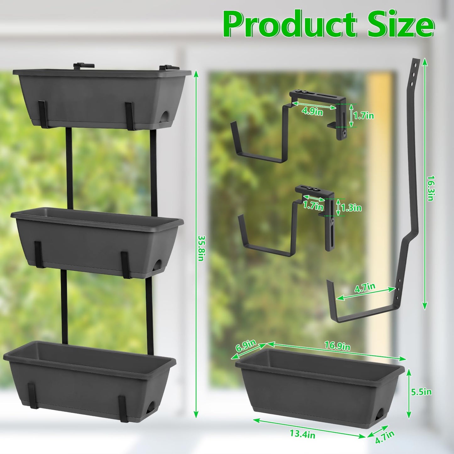 OYEAL Deck Railing Planter Boxes Set of 2 Over Fence Planters for Outdoor Plants, Hanging Window Planter Boxes with Adjustable Brackets, 6 Plastic Flower Boxes, Grey