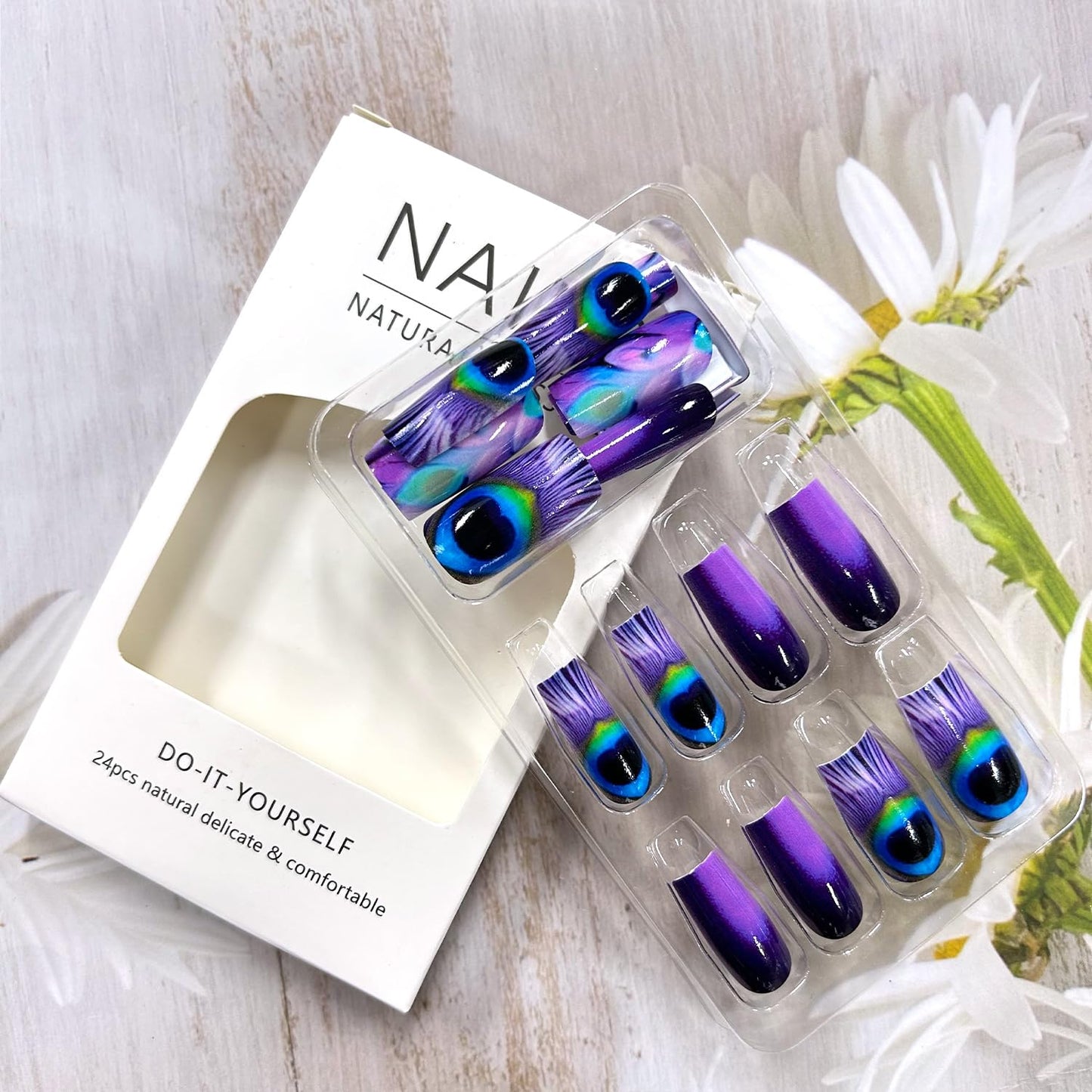 CJDLTS 24Pcs Purple Peacock Feather Pattern Design Acrylic Ballet Shaped Glitter Nails, Full Cover Coffin Nails, Glossy, Press On Nails, Medium Length, 1 Box, 24 Pieces