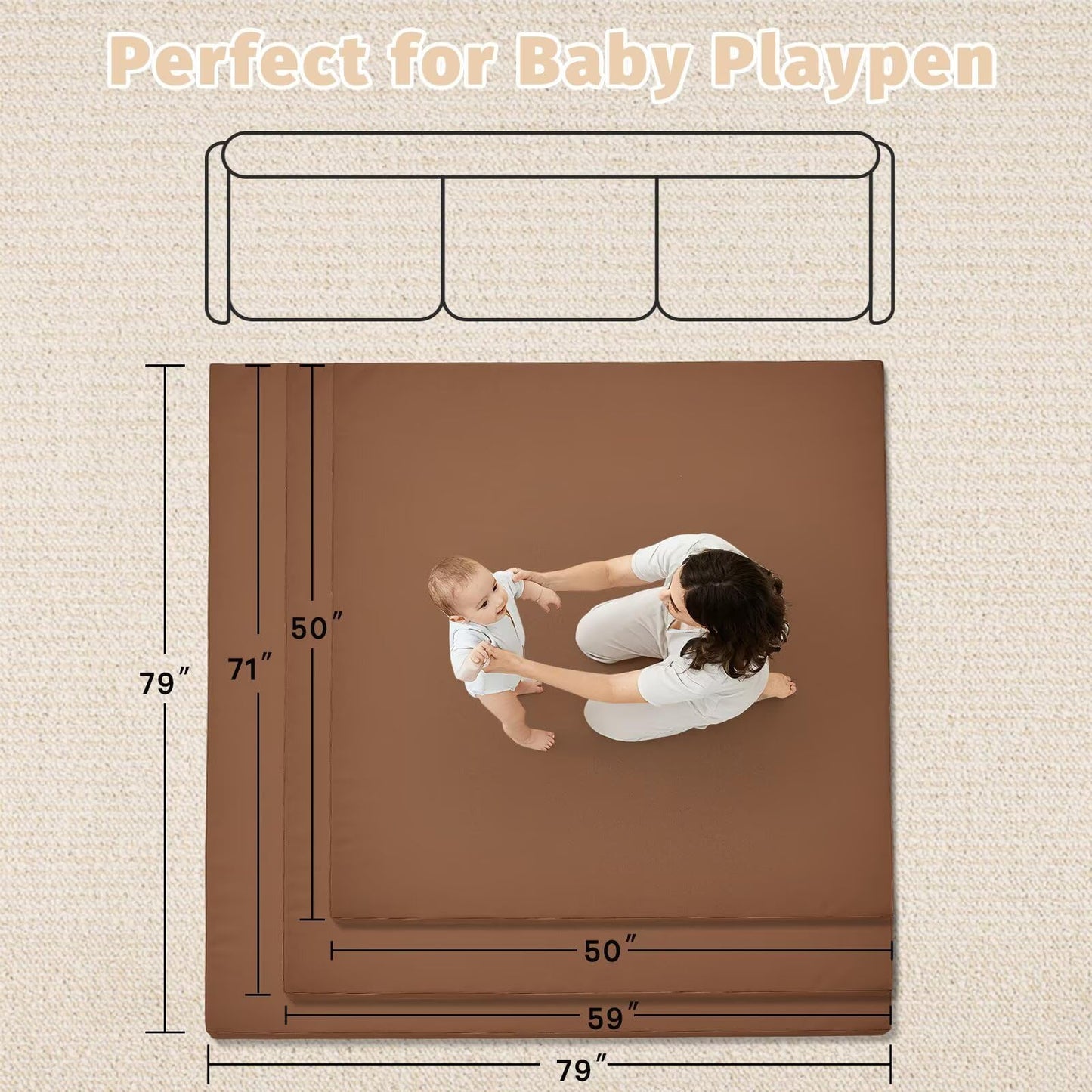 ILPEOD Waterproof Baby Play Mat for Floor Memory Foam 79 * 79 Cushion Playpen Playmat Tummy Time Crawling Mat Nursery Rug Thick Pad Create Soft & Safe Area for Infants,Toddler,Kids,Chestnut