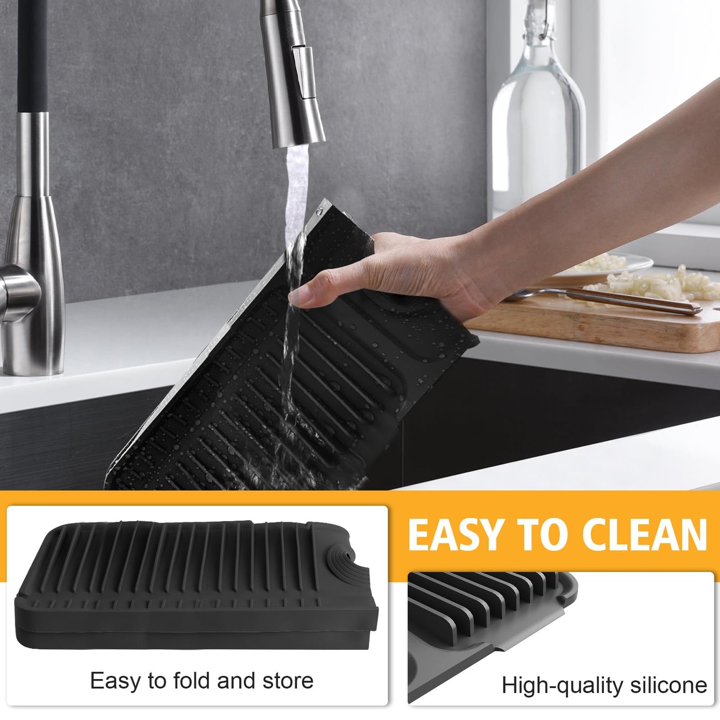 24-Inch Kitchen Sink Splash Guard Mat | 7° Slope for Fast Self-Draining | Snap-Lock Design | Universal & Cuttable Silicone Faucet Mat (Black)