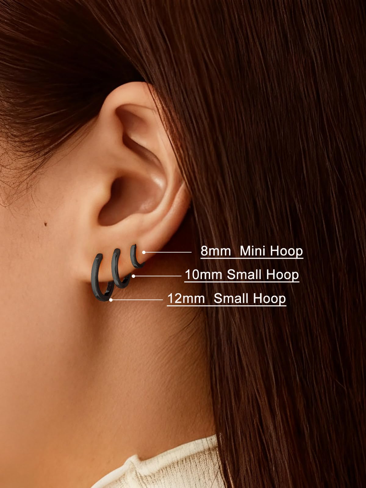 SILVERCUTE 925 Sterling Silver Huggie Hoop Earrings for Women,Hypoallergenic Black Small Hoop Earring Cartilage Earring Lightweight Huggies Earrings for Women,8/10/12mm