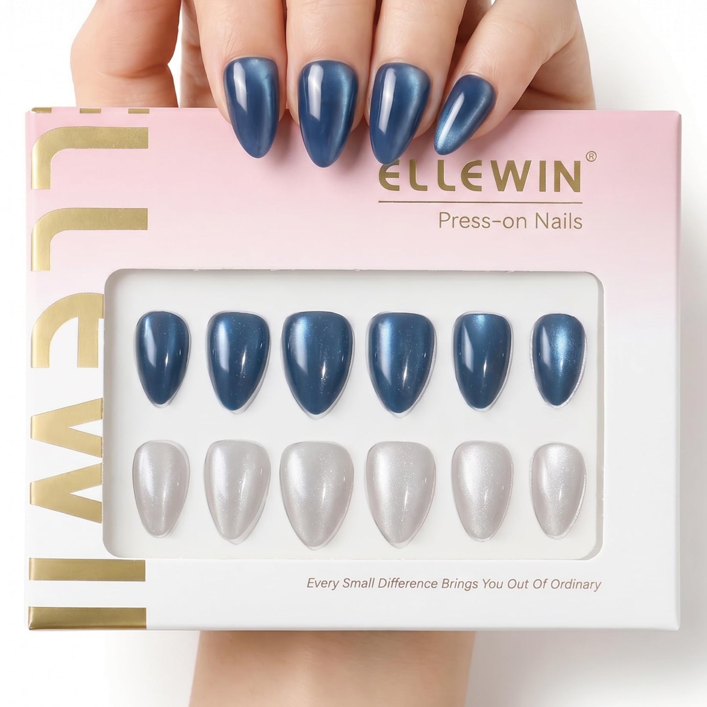 ELLEWIN 60 Pcs Cat Eye Press on Nails Medium Almond - Royal Blue & Silver White, 15 Sizes Acrylic Glossy Glitter Stick on Nails Set with Glue, Remover & Accessories for Women