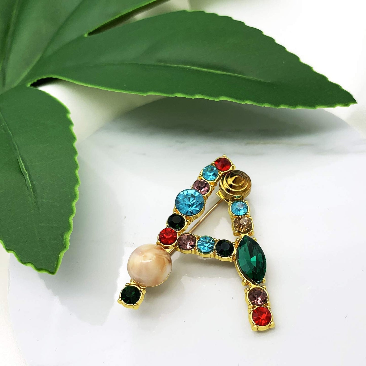 XGALBLA Letters A Plated Metal Stone Clear Colorful Crystal Lapel Pin Brooches Collar(Gold Tone)