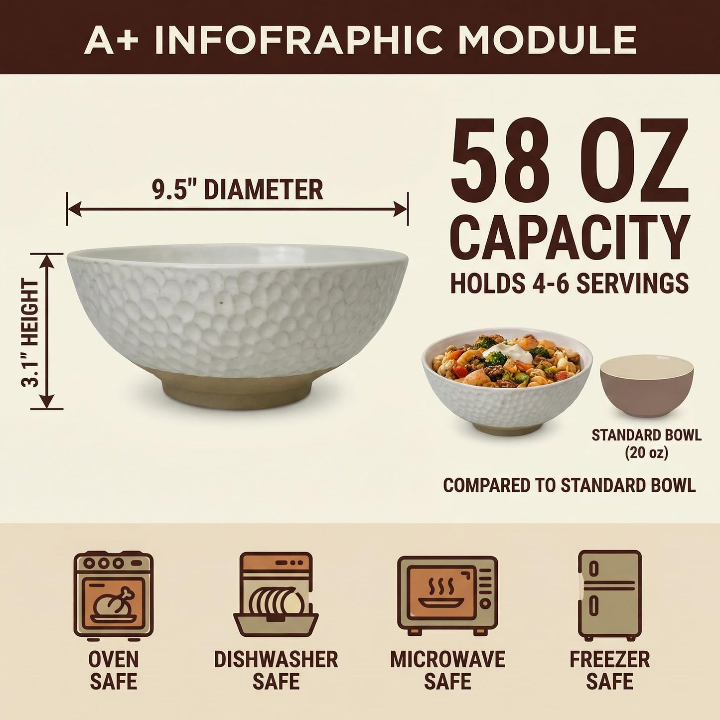 Wgtalation Large Ceramic Dinner Bowl - Handmade Salad Bowl Set, 58 oz. Dishwasher and Oven Safe, Vanilla White 9.5 inch”
