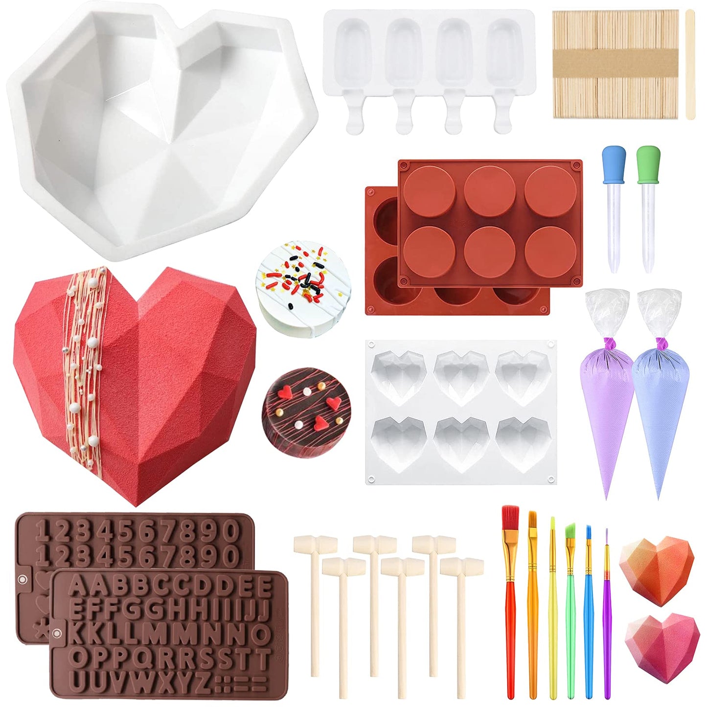 Heart Shaped Chocolate Mold Set Includes Round Cylinder Candy Mold,Cavities Heart Mold,Piping bag,Wood Hammer,Chocolate Bomb Mold,Diamond Mousse Cake Mold Tray