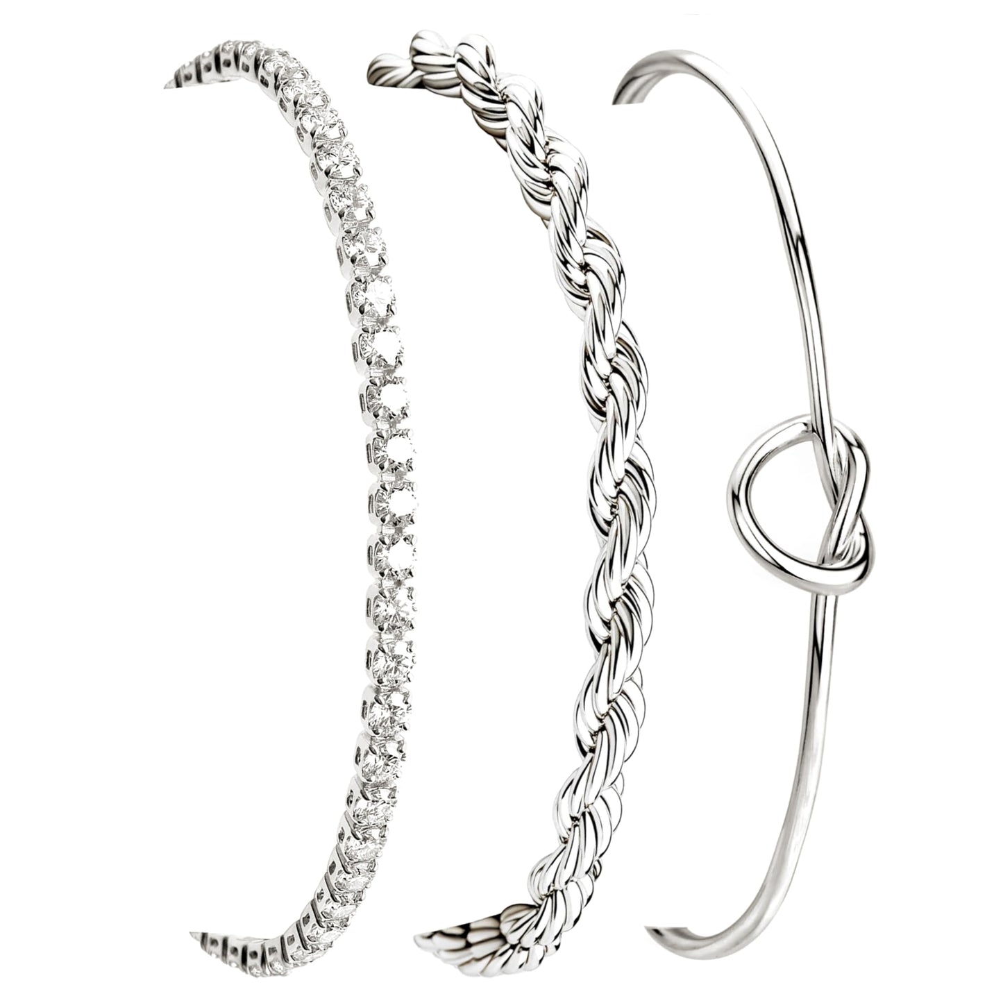 Poxtex Silver Cuff Bracelets Set for Women, 3 Pcs Stackable Rope Open Bangles, Cubic Zirconia Tennis, Stardust Thin Polished Band, Non Tarnish Stainless Steel Jewelry Gifts