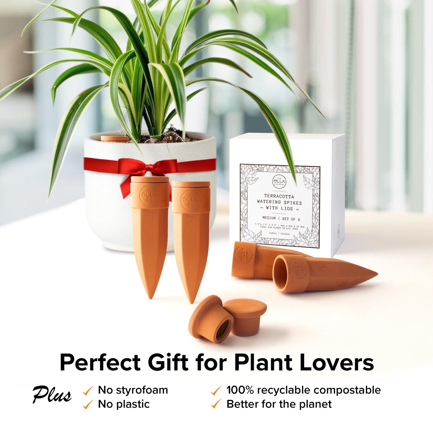 The Olla Company Plant Watering Spikes with Lids - Ideal for 5”-9” Pots - Vacation Friendly - Terracotta - Medium - Set of 4