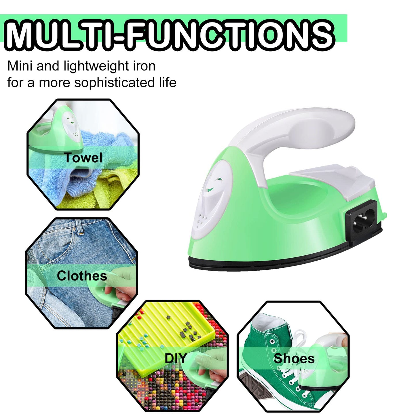 Zhehao 4 Pcs Mini Craft Iron Small Heat Press 3.39 x 2.36 x 2.56 Portable Heat Transfer Machine with Charging Base Accessories DIY Clothe Bead Patch Bag Hat Vinyl(Rose Red, Green, Blue, White)