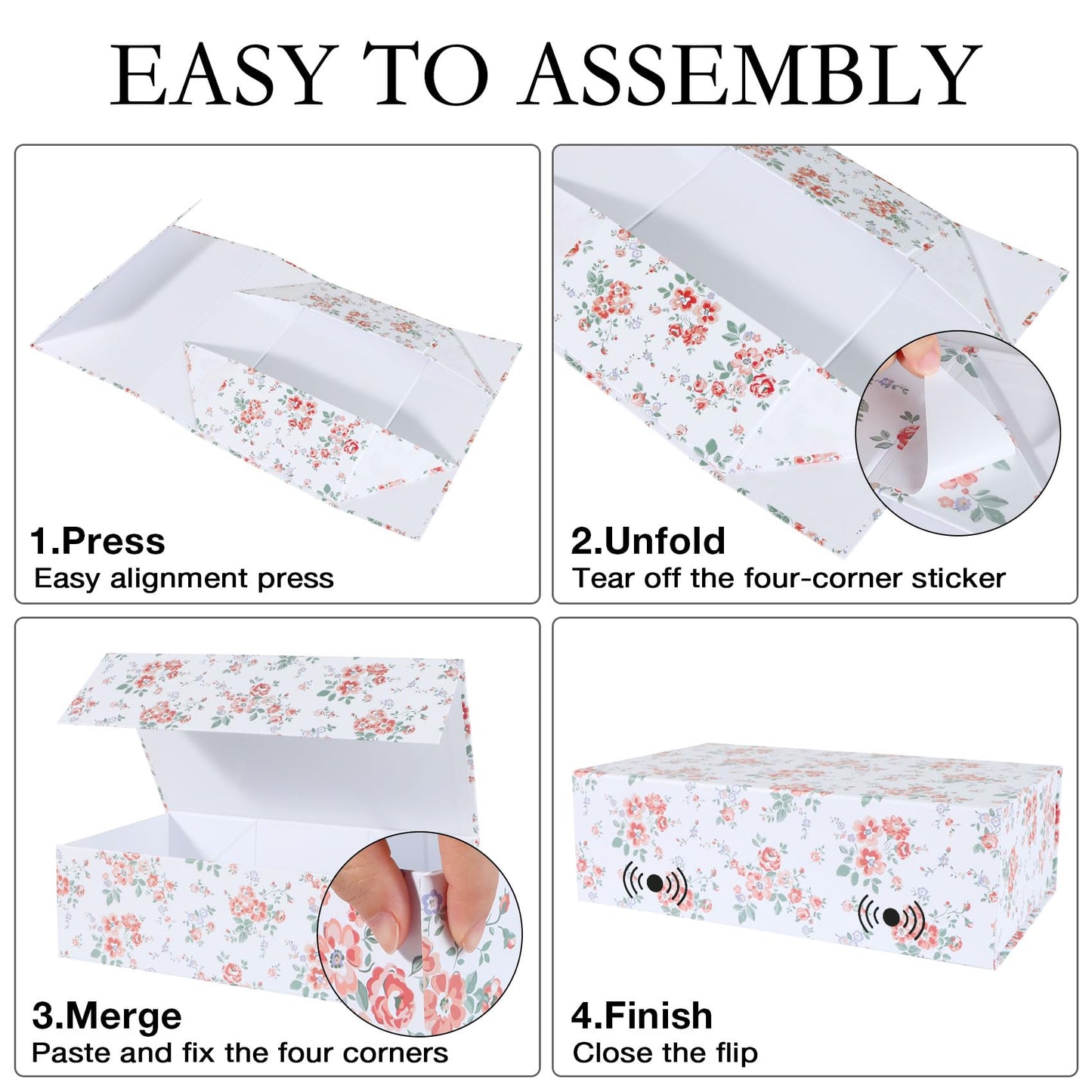 LFBOX Rose Floral Gift Box with Magnetic Lids 13.8x8.3x4.4 in, Large Bridesmaid Proposal Boxes, Rectangle Wedding Decorative Storage Box 3 Pack