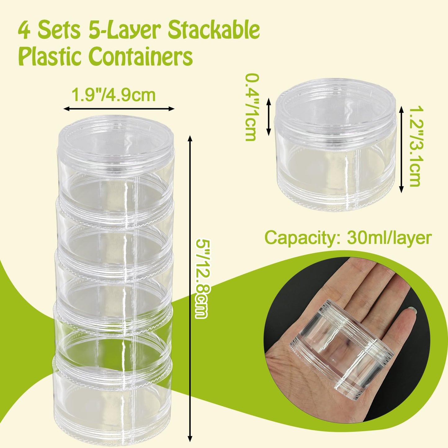 Luomorgo 4 Sets Stackable Clear Plastic Containers with Screw Lids - 30ML 5-Layer Organizer for Cosmetics, Jewelry Beads, Nail Art & Craft Storage