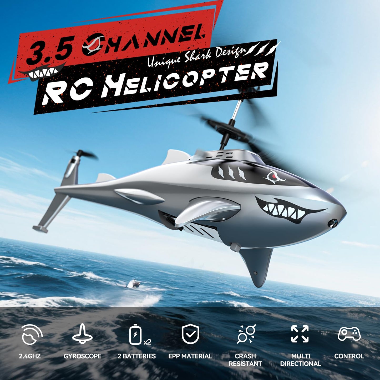DEERC Remote Control Helicopter for Kids and Adults, RC Shark Helicopter with Altitude Hold, One Key Takeoff/Landing, LED Lights, 2 Batteries, 24 Min Flight Time, Indoor Flying Toy Gift
