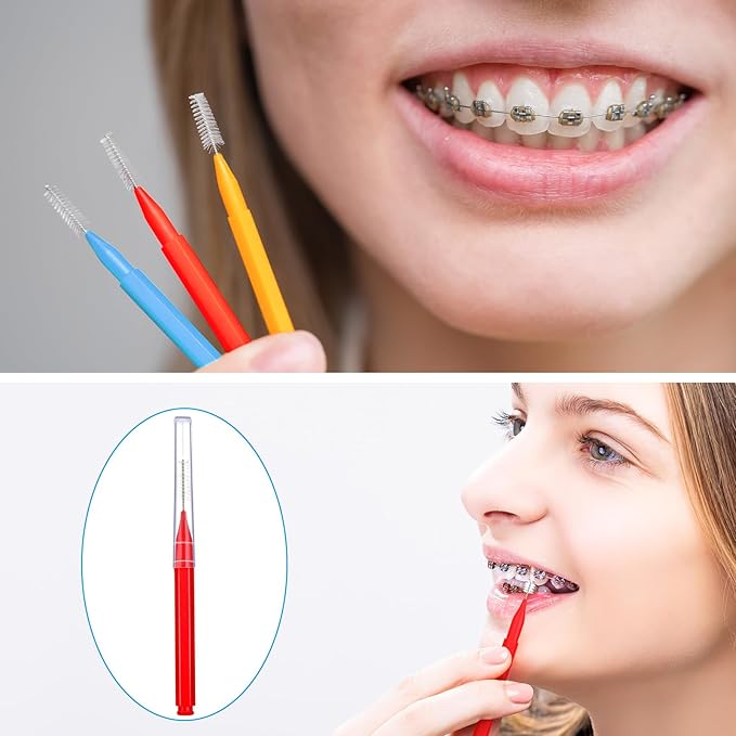 Patelai 100 Pieces Braces Brush for Cleaner Interdental Brush Toothpick Dental Tooth Flossing Head Oral Dental Hygiene Flosser Toothpick Cleaners Tooth Cleaning Tool(Warm Colors,Various Sizes)