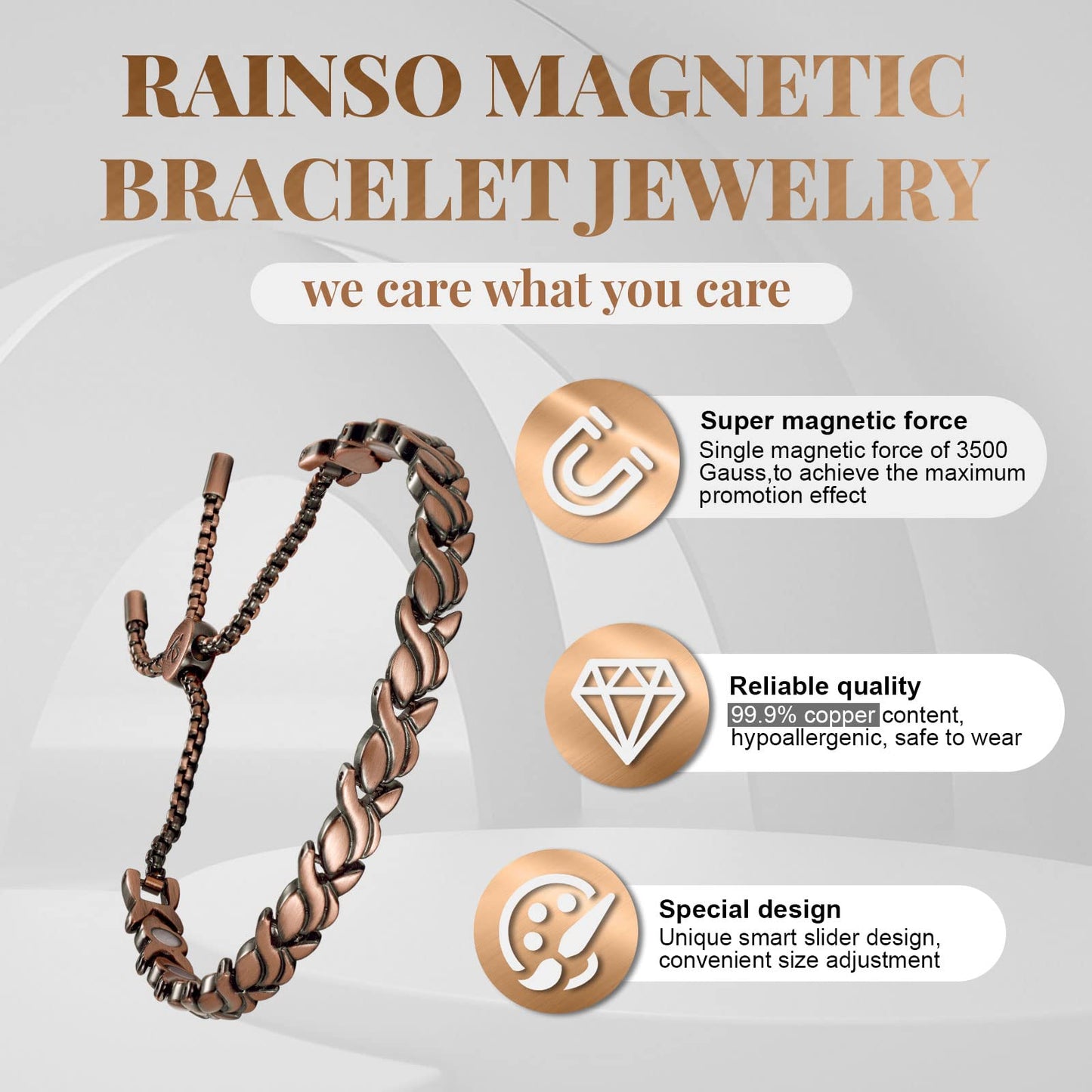 RainSo Women 99.99% Pure Copper Magnetic Bracelets Adjustable Design with Display Box(petal pattern)