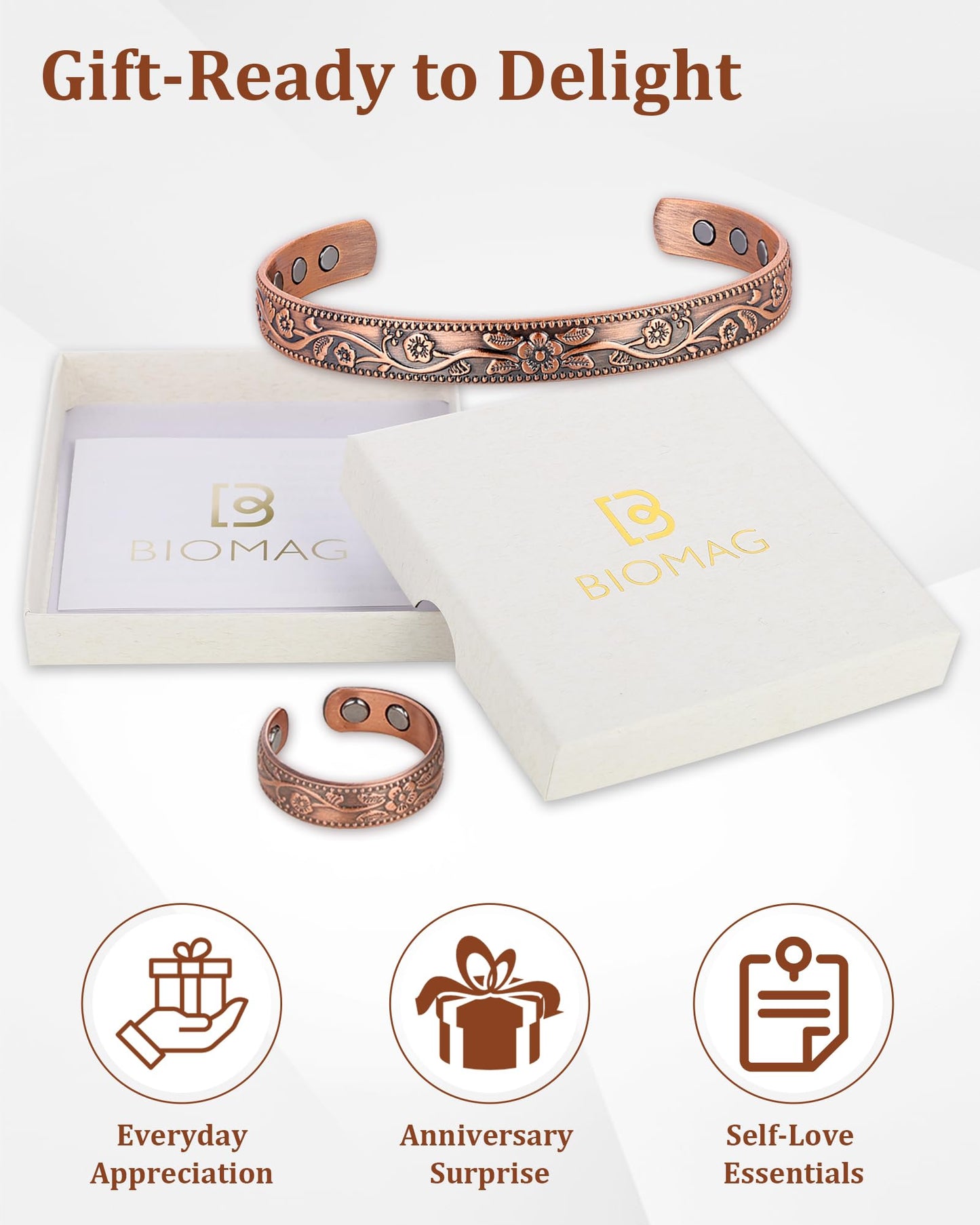 BioMag Magnetic Copper Bracelet & Lymphatic Drainage Ring for Women, 99.99% Pure Copper Magnetic Cuff Bangle with 11 Pcs 3500 Gauss Magnets, Adjustable Size, Floral Vine Pattern