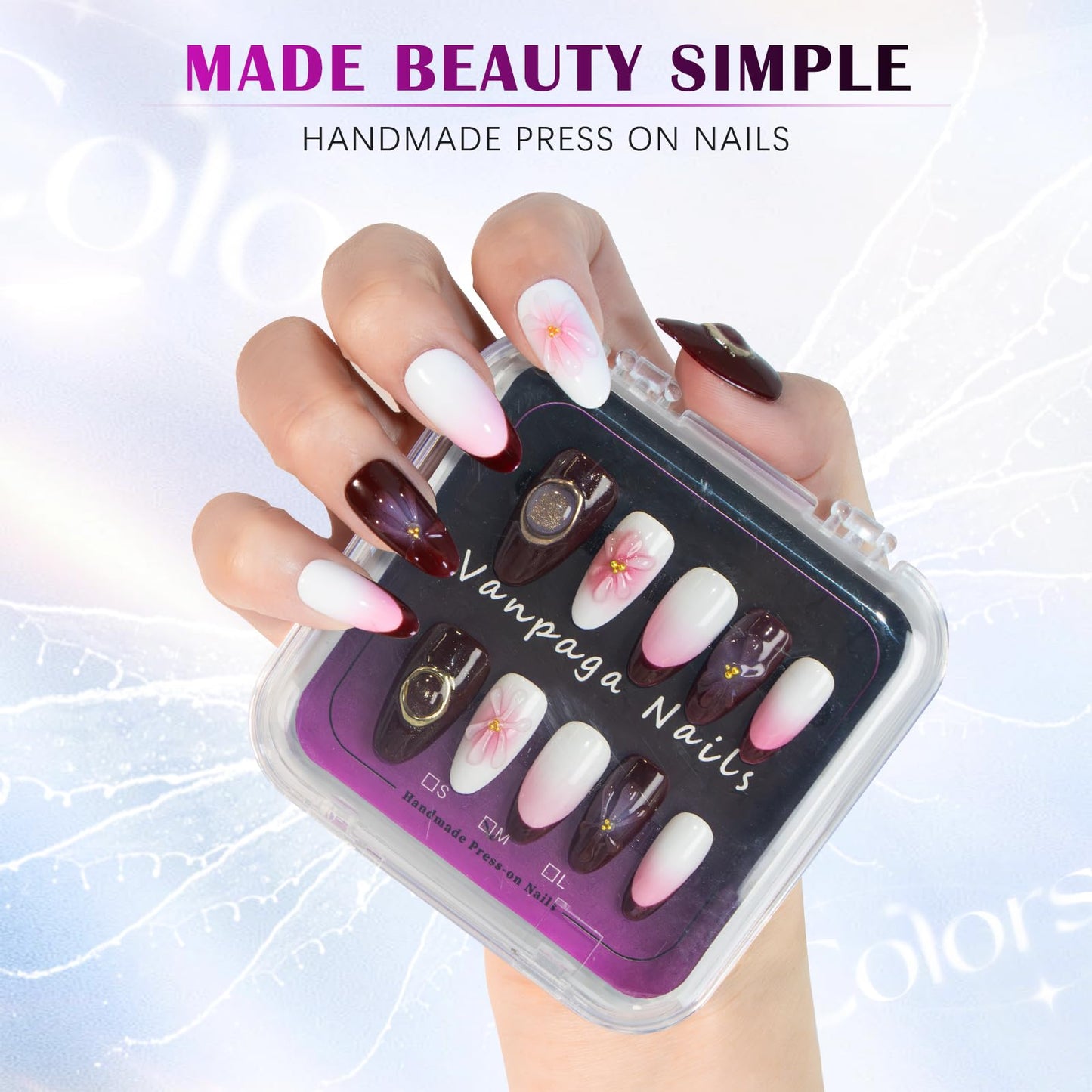 Vanpaga Handmade Press-on Nails Acrylic Almond Shape with 3D Jelly Flowers, Red French Tip & White-Pink Ombre – Short Soft Gel Nails Kit, Reusable Stick-on Nails, Ideal Gift for Women (Size S)