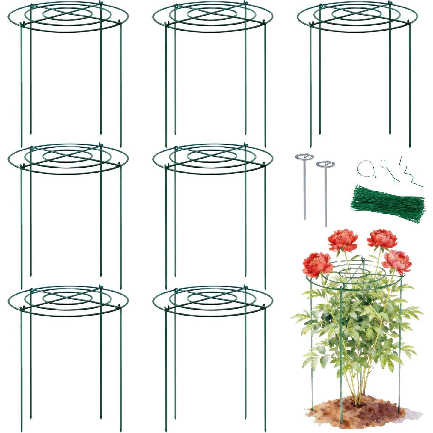 Lancisism 8 Pack Peony Cages and Supports - Heavy Duty Grow Through Metal Plant Support for Outdoor Plants - Plant Support Frame Ring for Rose Tomato Hydrangea Sage Strawberry 12" D x 16" H