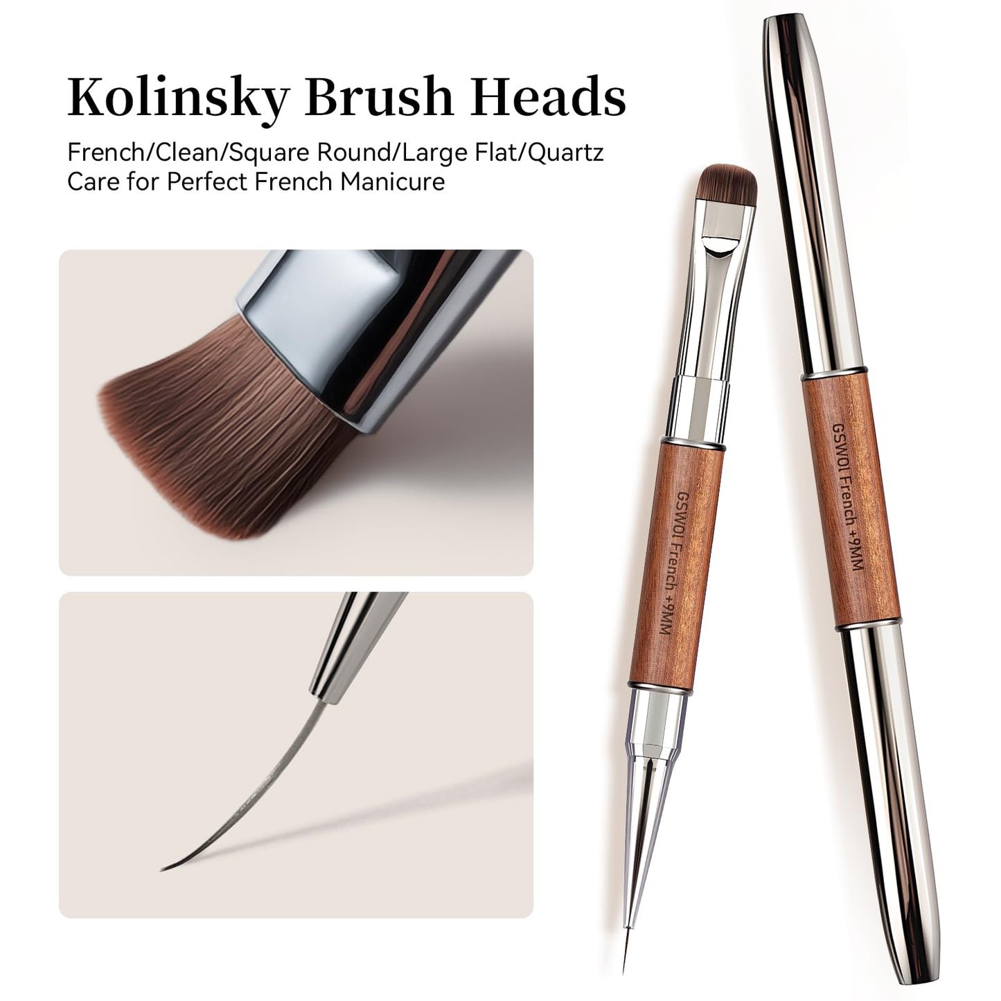 GSWOI Dual Head Acrylic Nail Brush-French Tip & 9mm Liner with Cleaning Brush for Builder Gel,Polygel & Design-Wood Handle & Metal Caps
