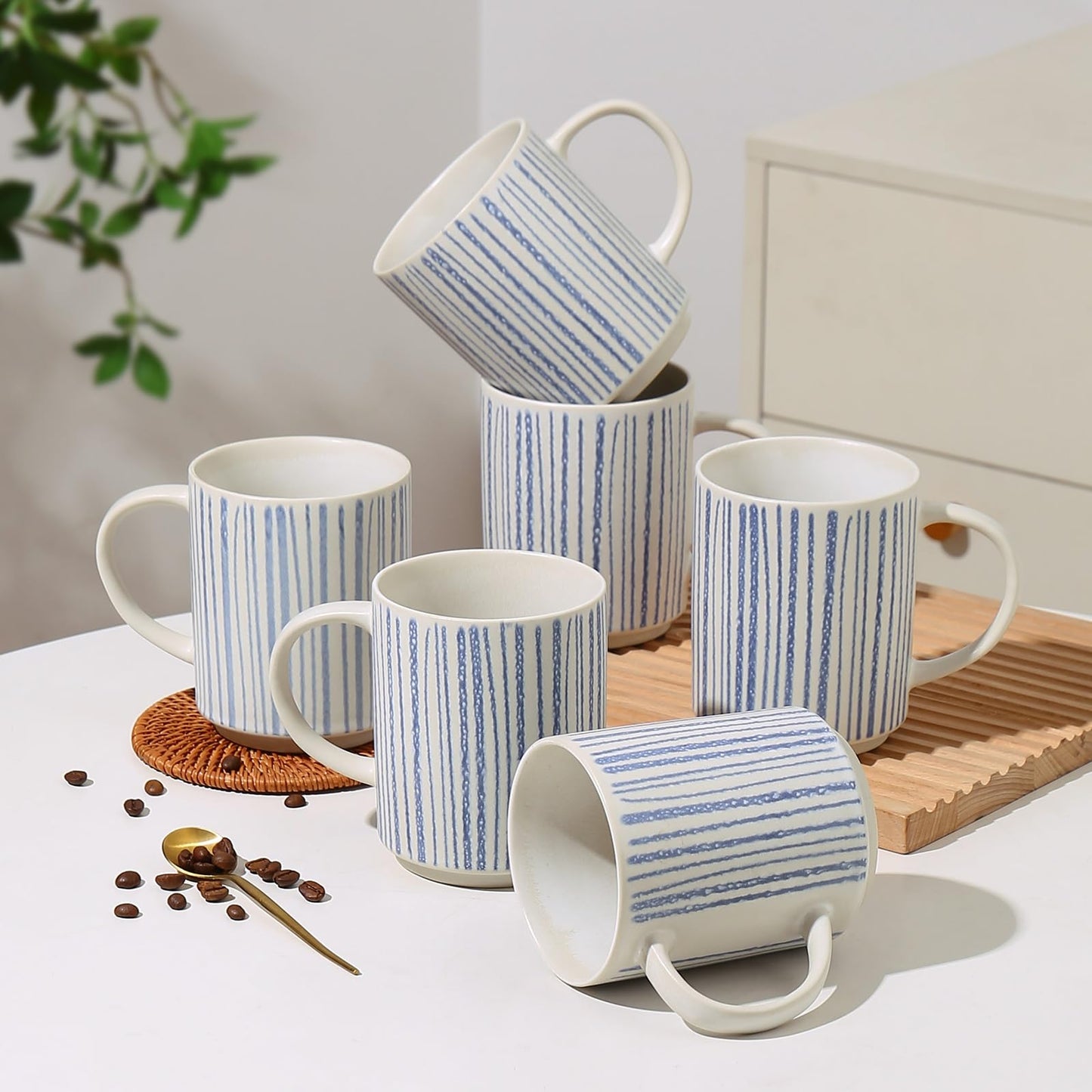 ALOFMO Ceramic Mugs Set of 6, Modern 17oz Coffee Mugs, Stackable Coffee Cups with Handpainted Blue Stripe Pattern, Dishwasher and Microwave Safe Mugs for Home & Office
