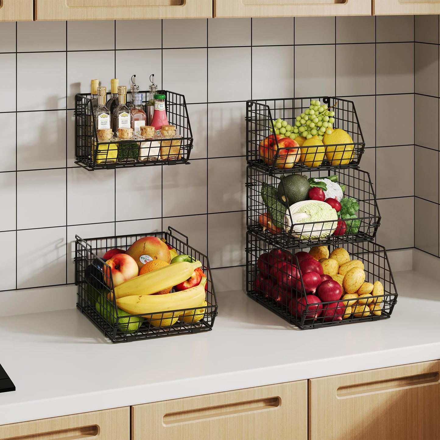 X-cosrack Stackable Wire Baskets for Counter, Fruit and Vegetable Storage, Potato and Onion Storage Bin，Kitchen Pantry Organizer - Wall Basket for Produce/Snack/Can, 3-tier Large, Black