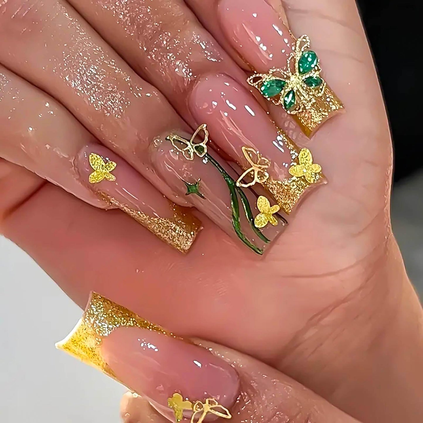 RUOKEXIN Nail Press ons Long Press on Nails Square Fake Nails Gold Glitter French Tip False Nails with 3D Gold Butterfly Designs Long Glue on Nails Fall Artificial Nails Cute Stick on Nails for Women