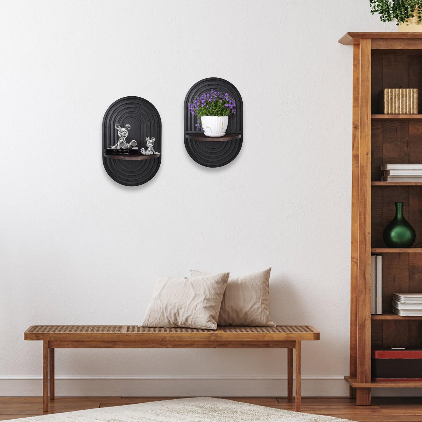 ZELURA 2 Pieces Boho Wall Shelf, Mid Century Shelves, Decorative Storage Unit, Black Plant Shelves, Wall Plant Holder,Floating Shelves
