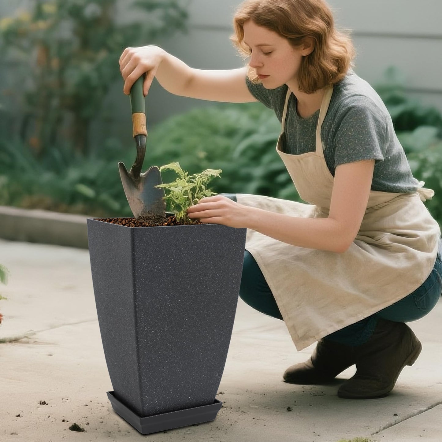 Neoaider Set of 2 Lightweight Ceramic-Look Tall Planter, 21 inch Large Plastic Planter with Drain Hole & Saucers, Large Outdoor Planters for Porch, Garden, Patio, Balcony(Dark Green)
