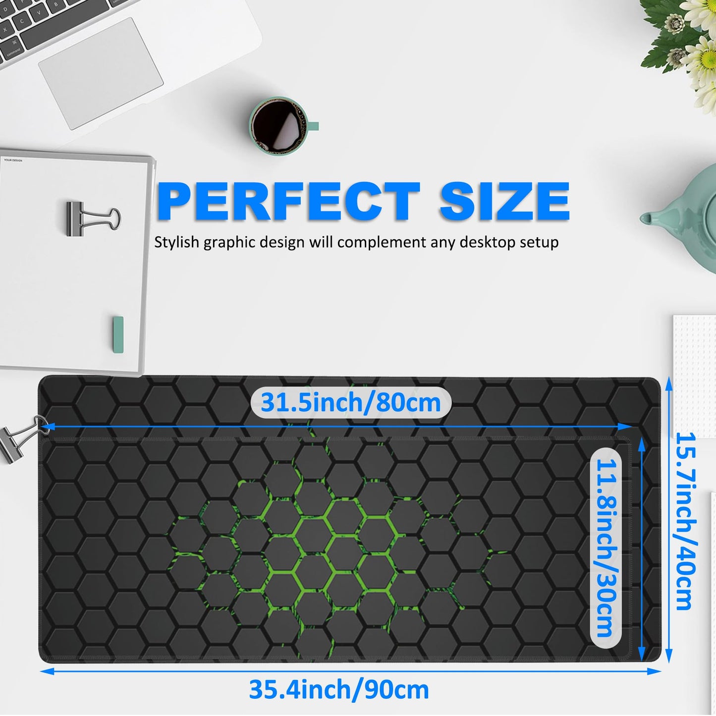 Desk Pad, Green Honeycomb Science Technology Extended Gaming Mouse Pad Large, 35.4"x15.7" Big Mouse Pad with Non-Slip Base and Stitched Edge, Long Computer Keyboard Mouse Mat for Home Office Work