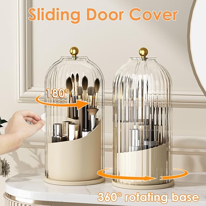 Makeup Brush Holder with Lid 360 Rotating Clear Dustproof Make Up Organizers for Vanity Bathroom Countertop, White Beige