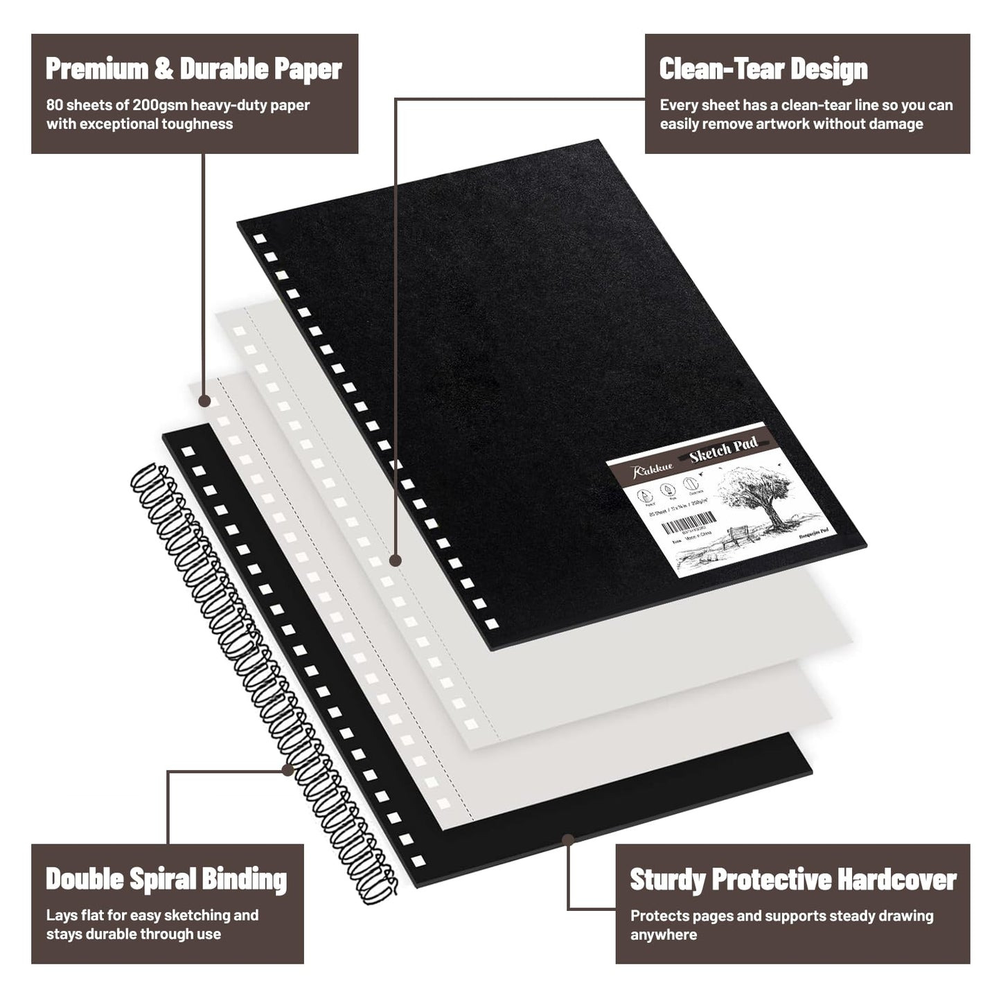 KAKKUE 11" x 14" Hardcover Sketch Book, 200gsm/80 Sheets Professional Thick Drawing Paper, Spiral Bound Pad, Acid-Free Perforated for Mixed Media, Sketching & Drawing, for Artists & Kids