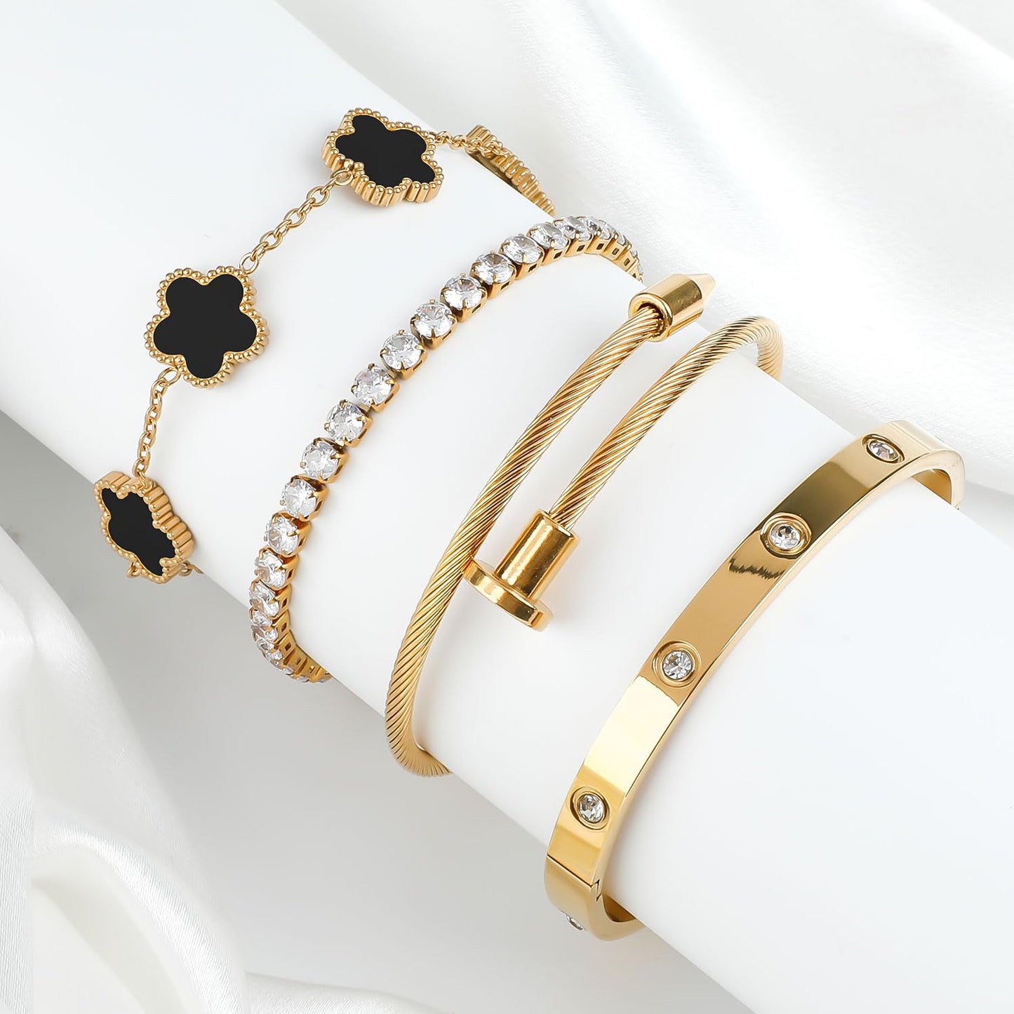 18K Black Gold Plated Clover Bracelet Bangle Set, 4pcs Stackable Four Leaf Gold Bracelet Set for Wife Mom Girlfriend
