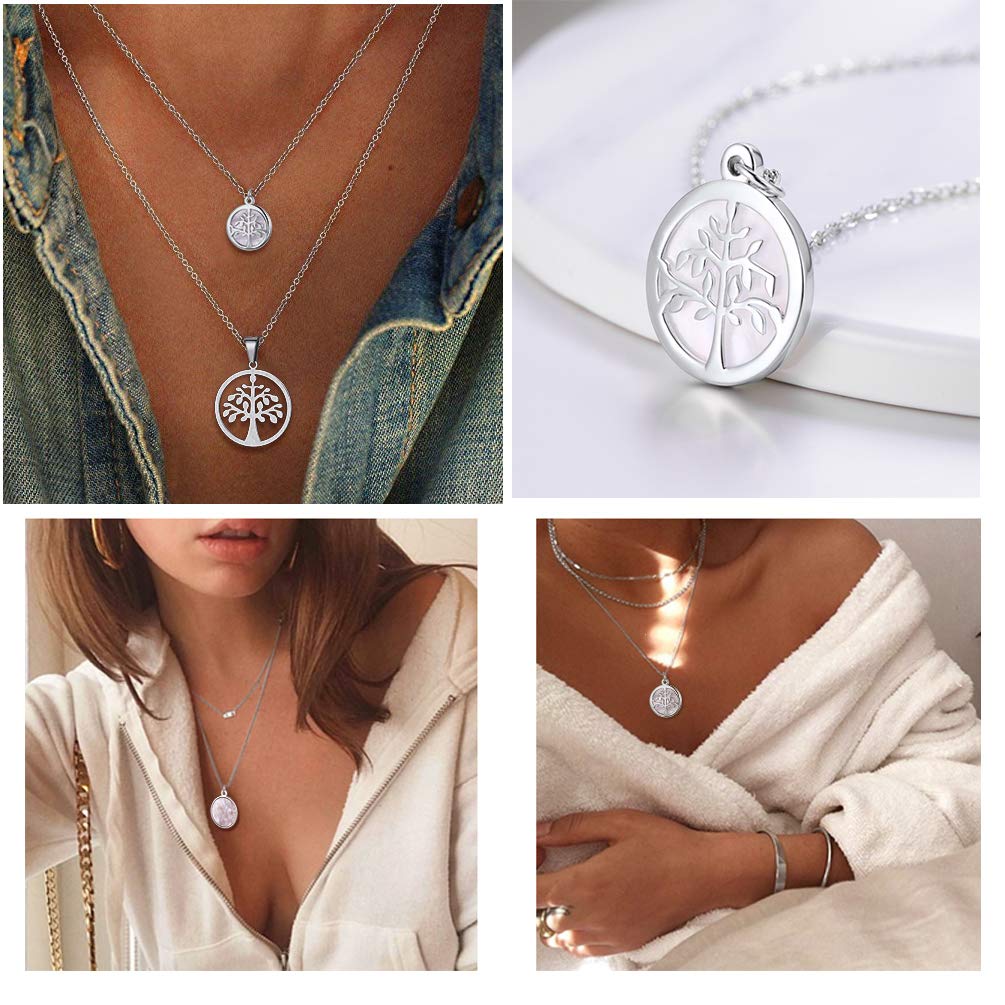 PROSTEEL 925 Sterling Silver Tree of Life Shell Necklace Women Jewelry for Her Dainty Round Tree Pendant