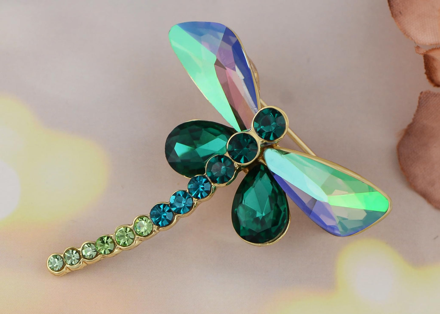 Alilang Silvery Tone Sparkly Crystal Rhinestones Dragonfly Insect Brooch Breastpin Lapel Pins for Women, Green