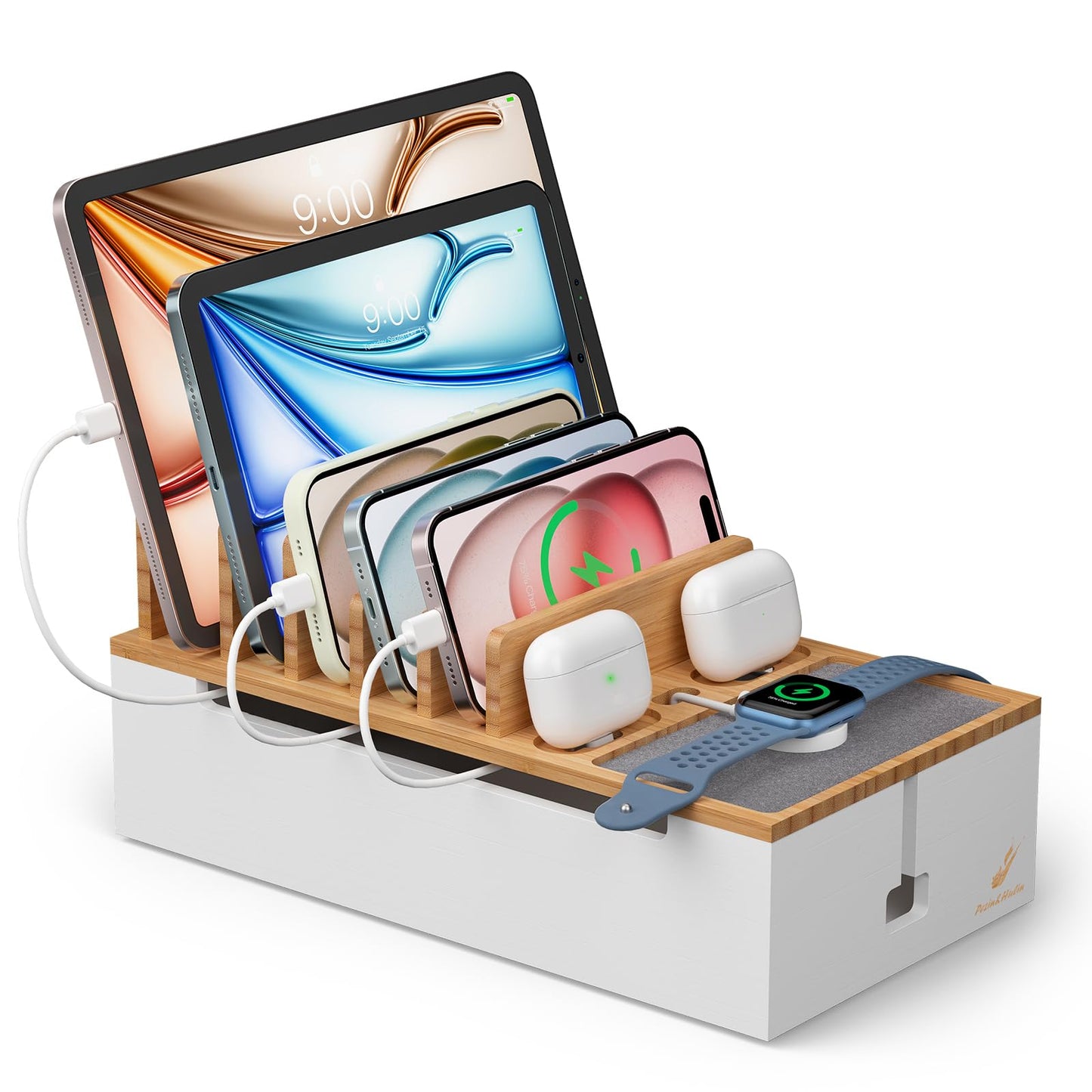 Pezin & Hulin Bamboo Cable Management Box, Wire Organizers for Cords, Charge Station Box, Desktop Dock Organizer Rack for Electronic Device (Include 6 Cables)(No Power Adapter) -Natural + White