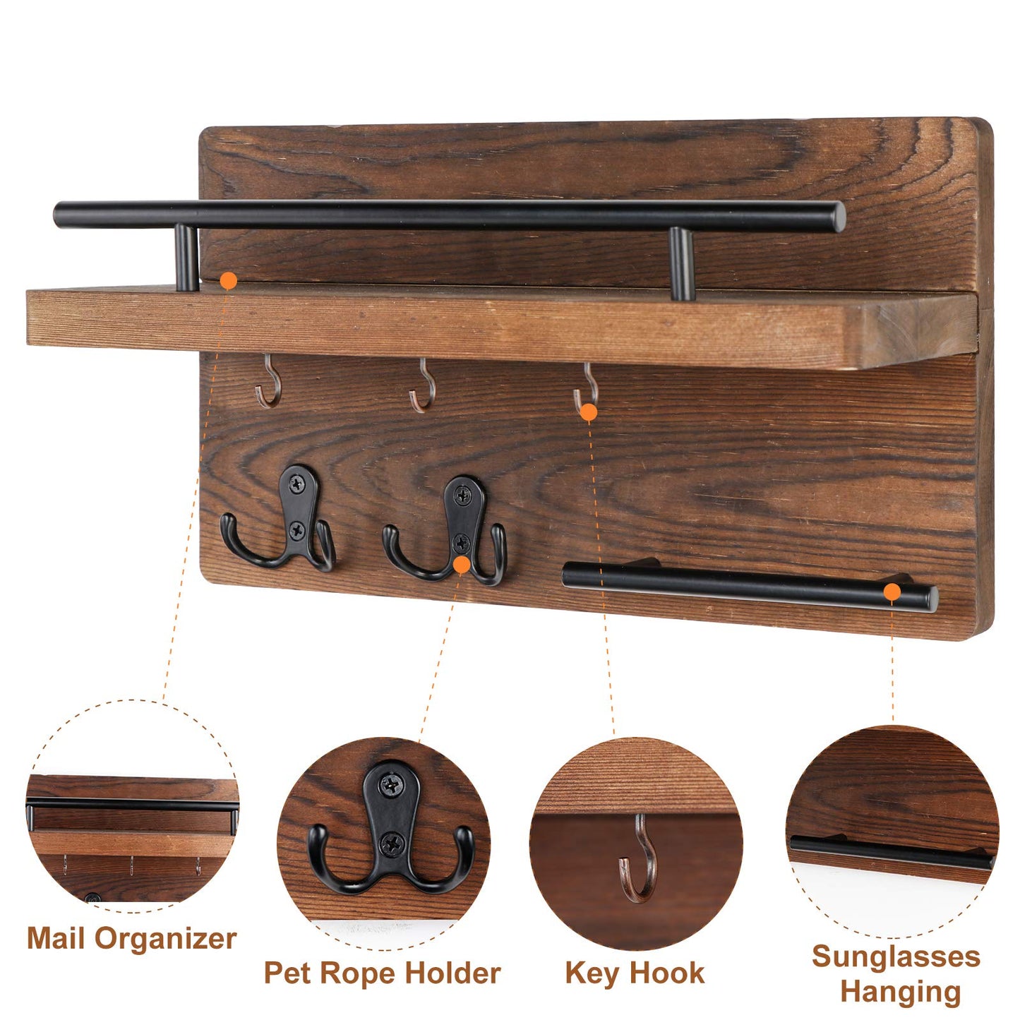 OurWarm Wall Mounted Key Holder/Hangers for Wall Decorative with 5 Key Hooks, Wooden Mail Rack Organizer with Shelf, Rustic Home Decor for Entryway Mudroom Hallway Office, Brown