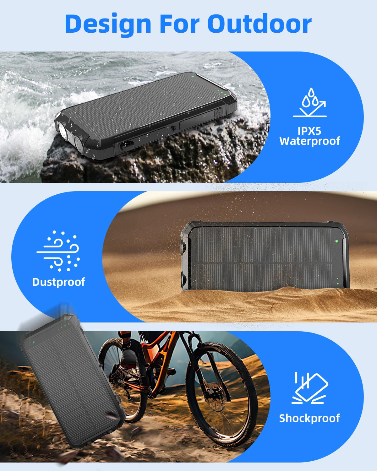 Nuynix Solar Power Bank 20000mAh, 15W Wireless Fast Charger with 3 Built-in Cables, USB-C Output Portable Battery Pack, Dual Flashlights Power Bank for iPhone 17 16 15 14, Samsung Galaxy, Camping