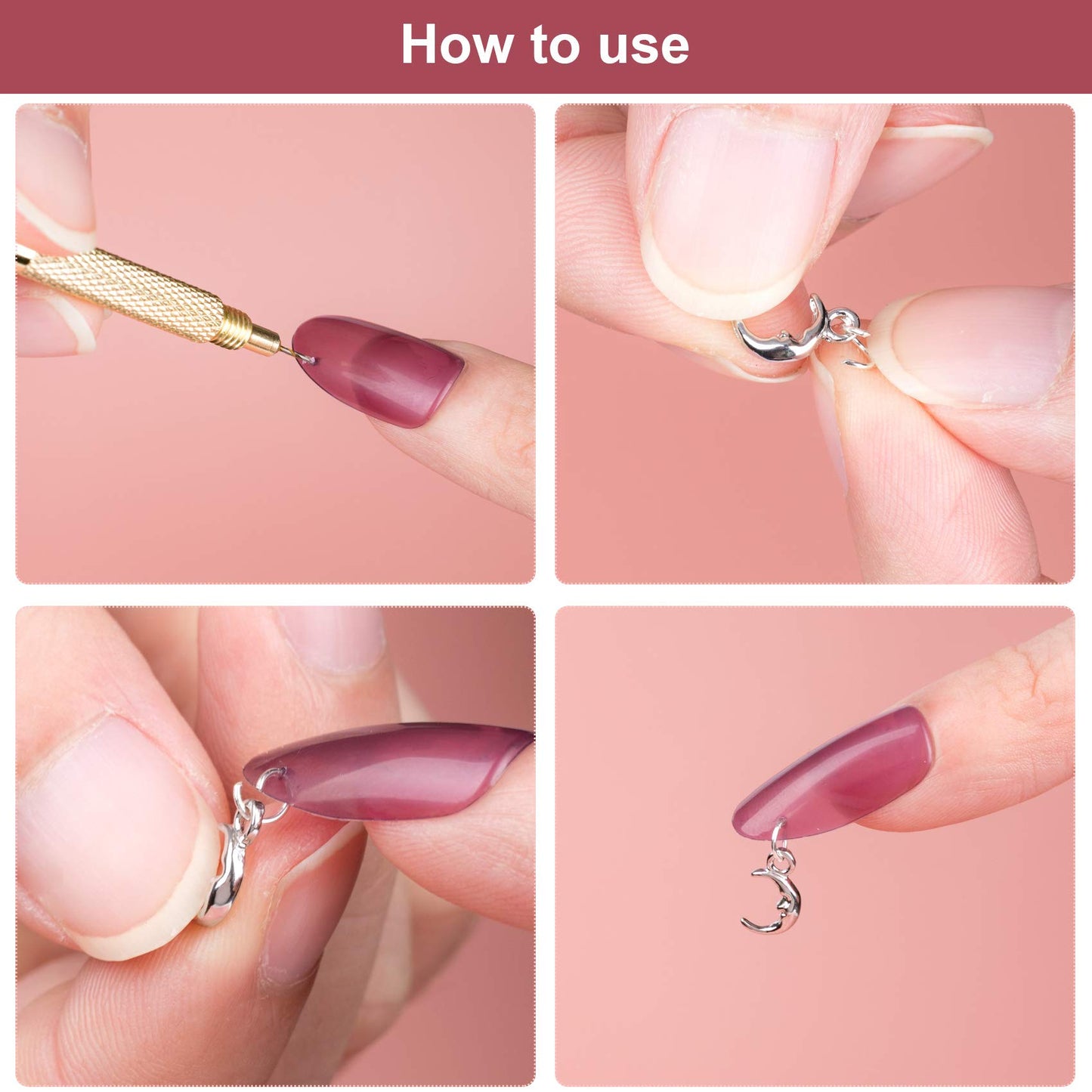 PAGOW 155 PCS Dangle Nail Art Charm, Nail Jewelry Rings with Nail Piercing Tool Hand Drill for Tips, Acrylic, Gels and Decorations