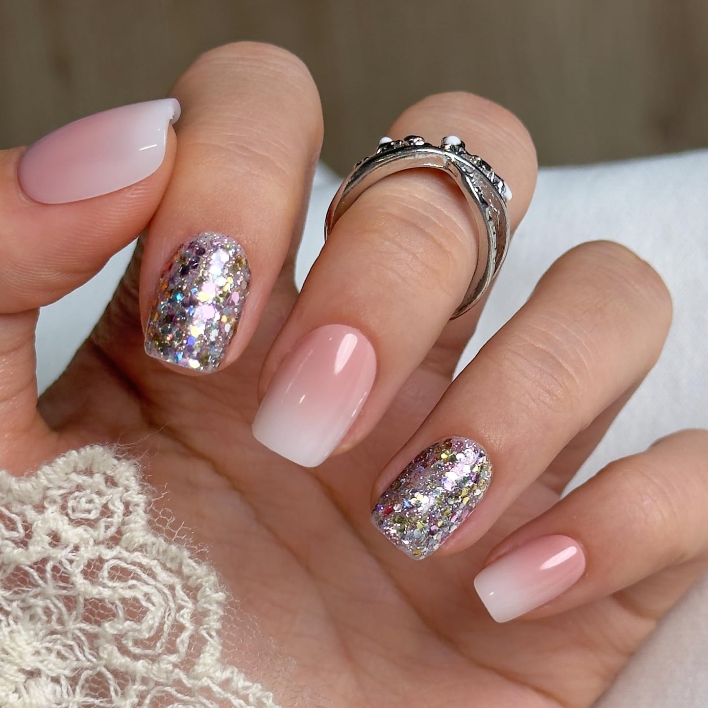 CurvLife Press On Nails Short Square Pink Ombre Silver Glitter, Glossy Soft Gel Fake Nails, Reusable Salon Look Manicure for Women Teens Beginners, 30pcs, Daily Wear Work Party