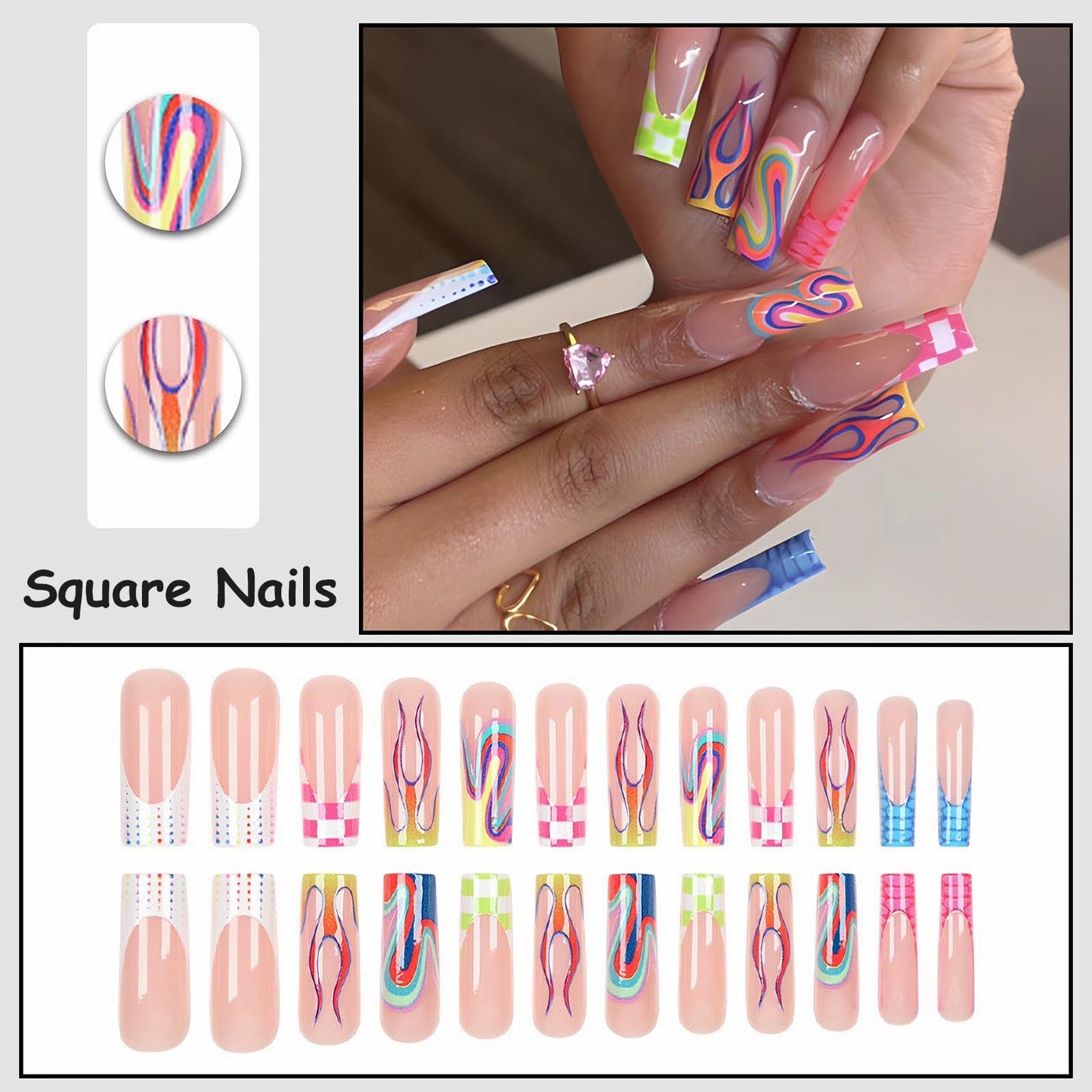 MISUD Press on Nails - Long Square Glue on Nails with Colorful Plaid, Acrylic Checkered Flame Design 24 pcs