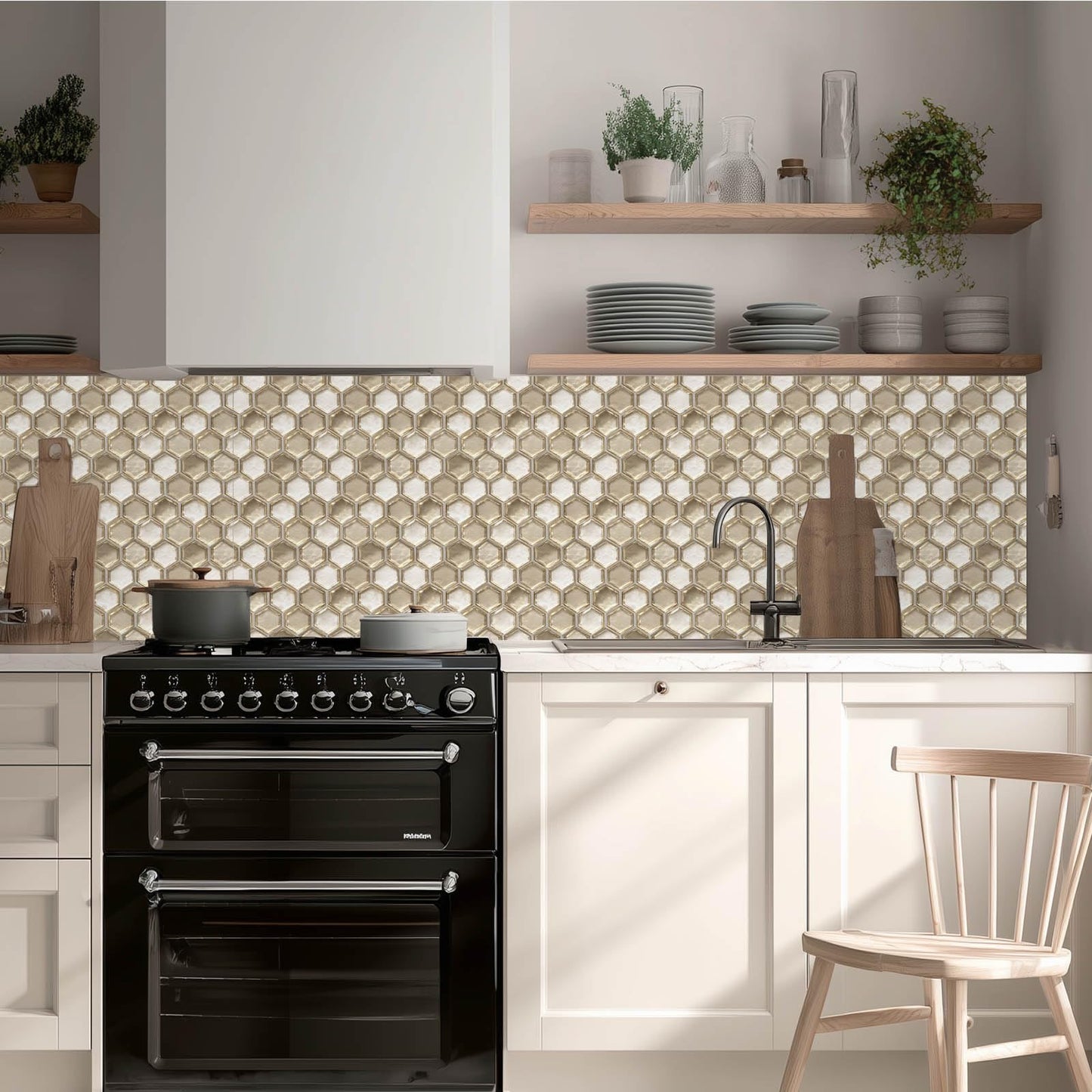 HOMETITUTE 20Pcs Hexagon Gold Glass Look Tile Stickers Peel and Stick Decorative Tiles Waterproof Removable Sticker Tiles Backsplash Decals for Kitchen Bathroom Fireplace Wall Covering 4x4 Inch not 3D