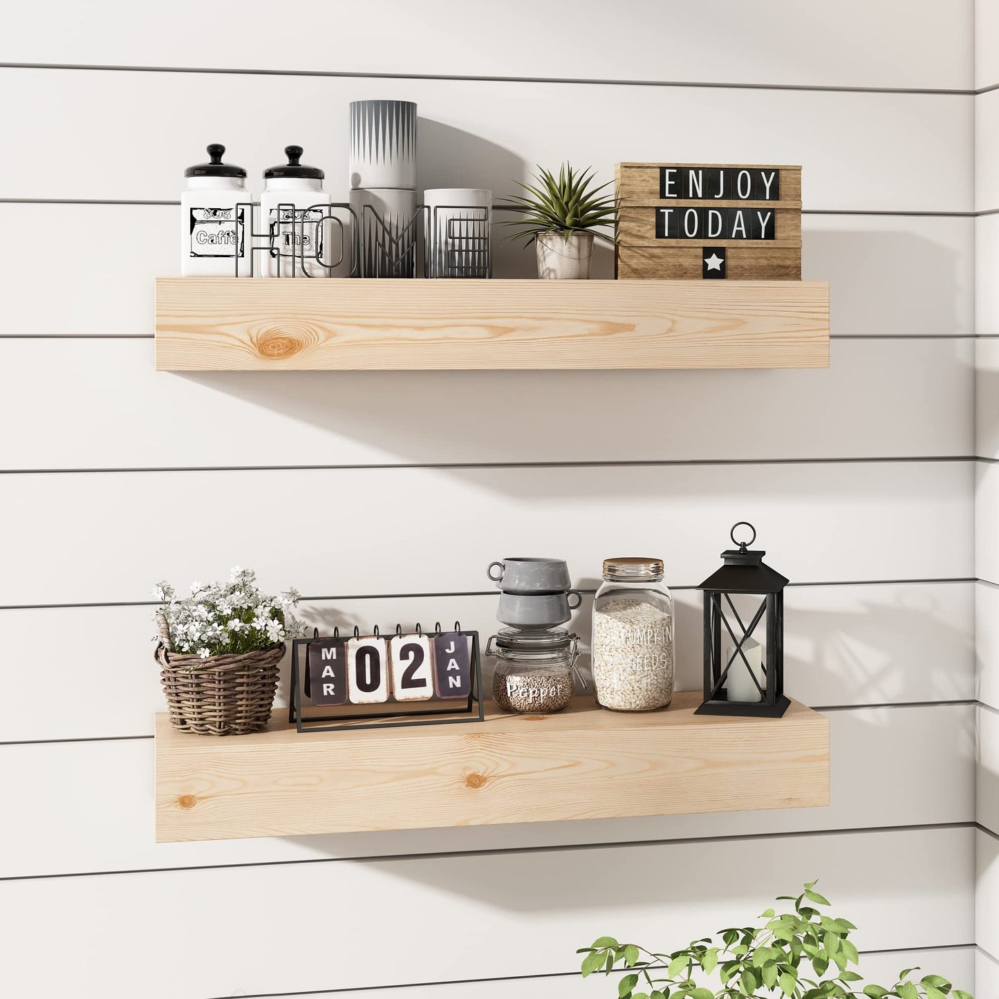 ROOREVO Wall Floating Shelves, Rustic Wood Shelf for Wall Mounted - Wooden Handmade Shelves for Bathroom Kitchen Livingroom - No Stain - DIY(Unfinished, 24 Inch - 2 Pack)