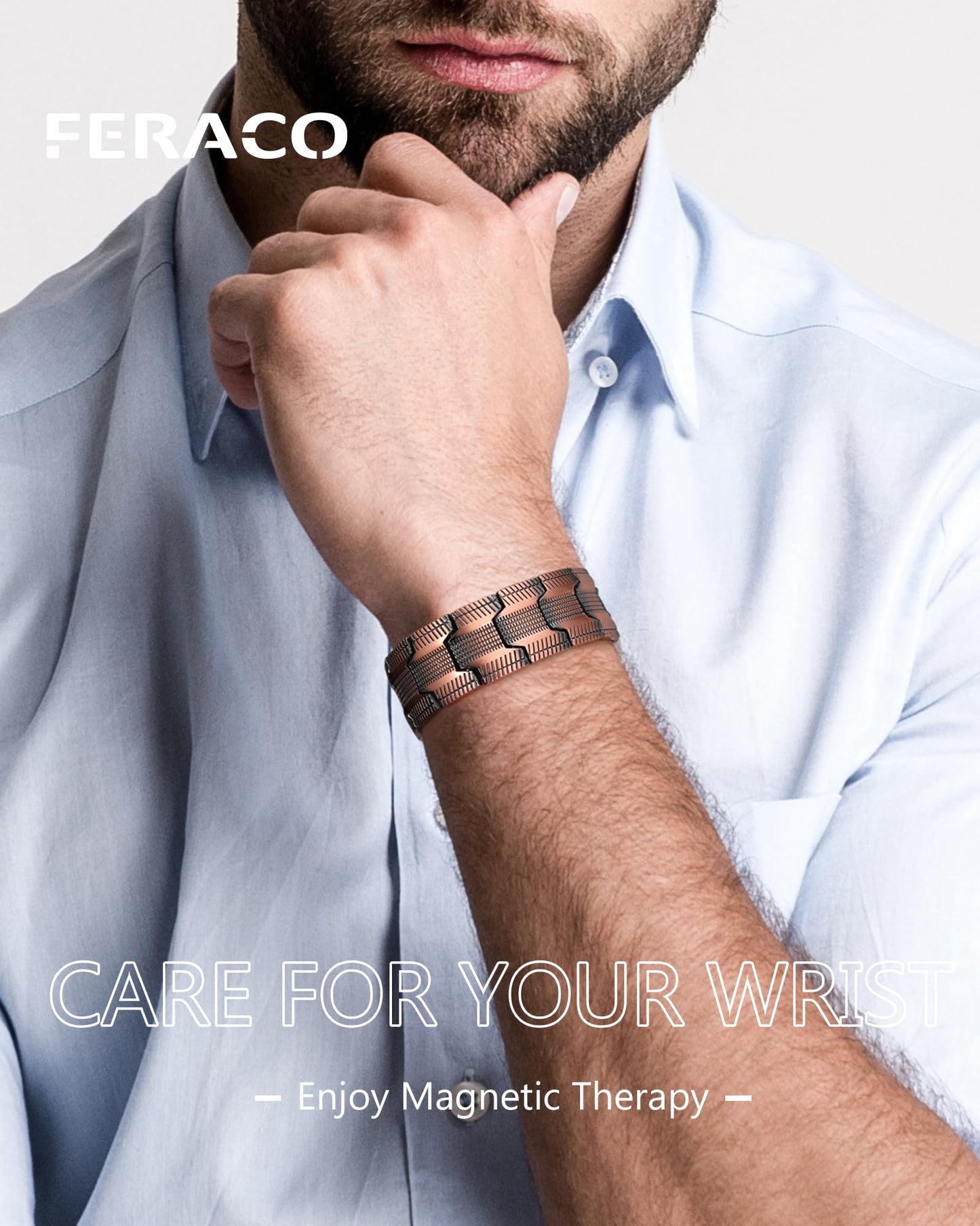 Feraco Copper Bracelet for Men, 3X Strength Magnetic Therapy Cooper Bracelet with Powerful 3800 Gauss Magnets,Copper Jewelry with Tyre-Carved Pattern