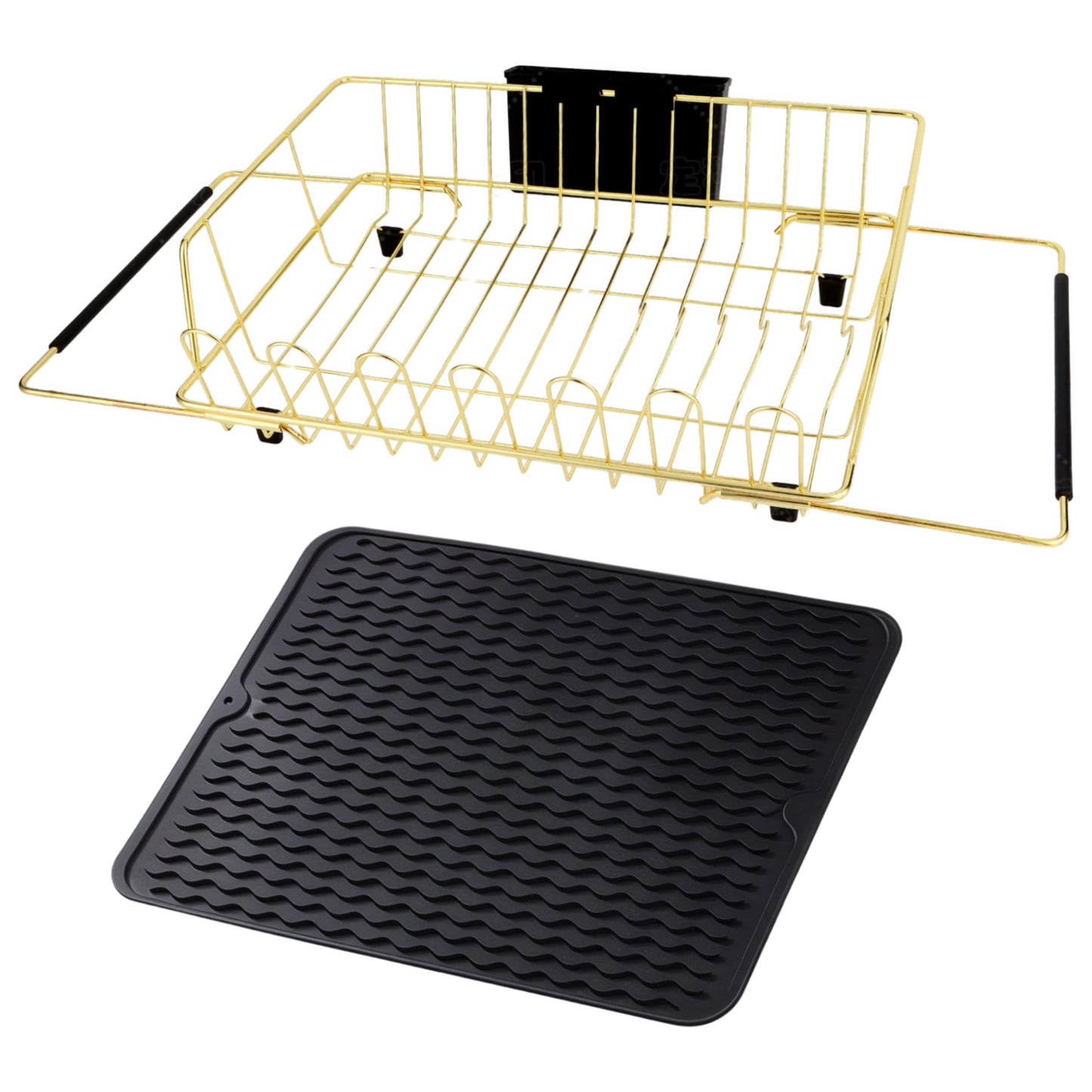 HAYAWEY Golden Expandable Dish Drying Rack with Silicone Drying Mat-Extra Large Stainless Steel Dish Drainer Over The Sink with Utensil Holder, Applicable for Sink Width 16'-22' (Gold,23.2'*12.2')