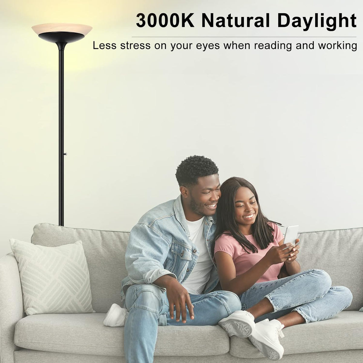 BoostArea Torchiere Floor Lamp, 30W Super Bright LED Standing Lamp, Stepless Dimmable Pole Lamp with 3000K Lighting, Rotary Switch, 70 Inch Tall Metal Modern Floor Lamps for Living Room/Bedroom Black
