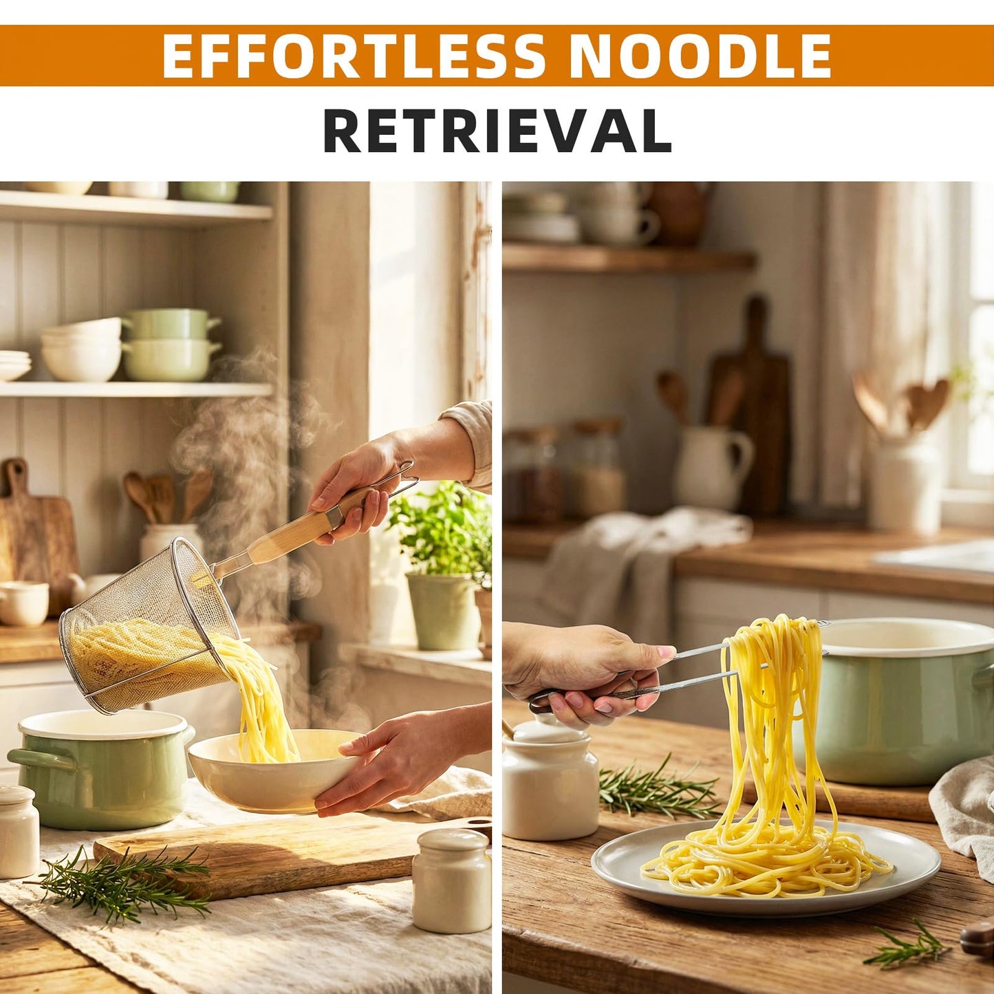 Pasta Strainer 2 Pcs - Noodle Strainer with Wooden Handle, 10.8in Cooking tweezers, Pasta Basket Boiling Food Pasta Gnocchi Ravioli