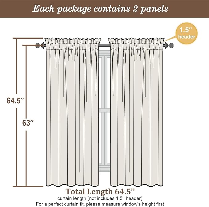 Chyhomenyc White Sheer Curtains 63 Inch Length 2 Panels Set, Light Filtering Rod Pocket Window Curtain Treatment Drapes for Bedroom Living Room, Each 42Wx63L, Set of 2, White