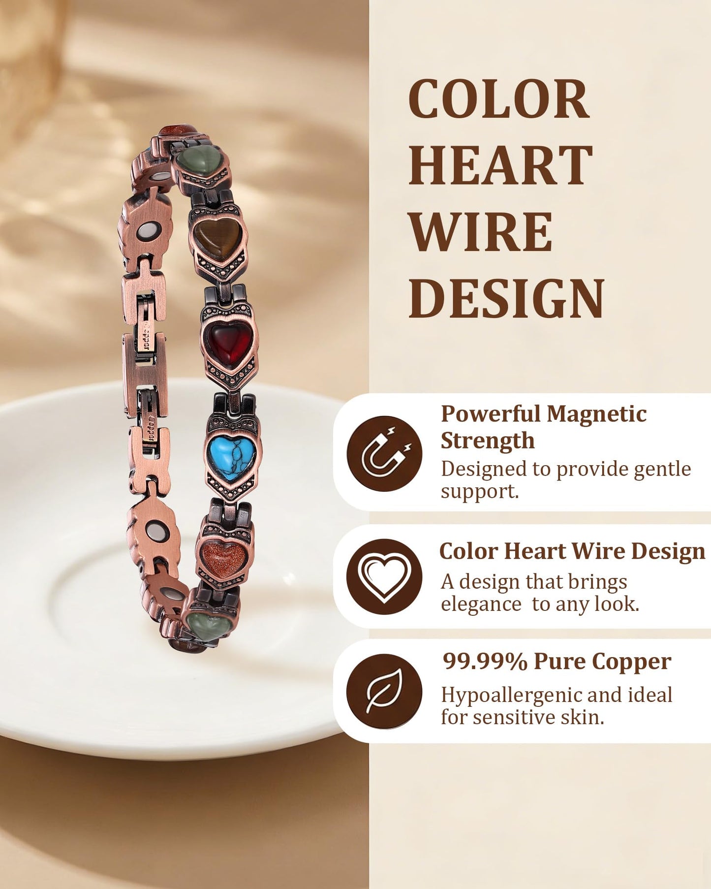 Fashtour 99.99% Pure Copper Bracelets for Women, Heart Wire Design Adjustable Jewelry with 3800 Gauss Ultra Magnets and Sizing Tool, Elegant Gift Box and Sizing Tool