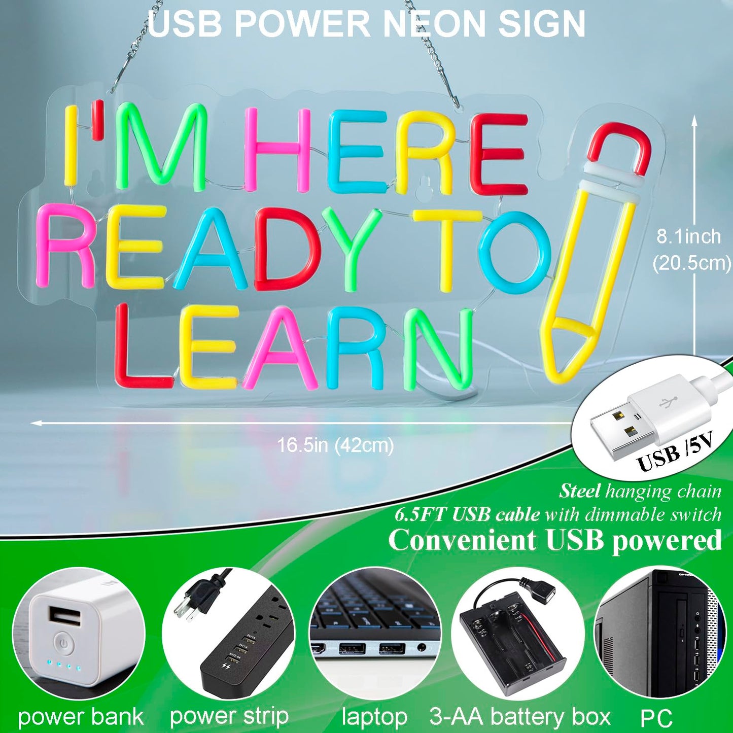 Ready To Learn and Pencil Neon Signs for Wall Decor, LED Neon light, Dimmable USB Powered, for Clarssroom Home Bedroom Man Cave,Gift for Boys,16.8 * 8.1 Inch