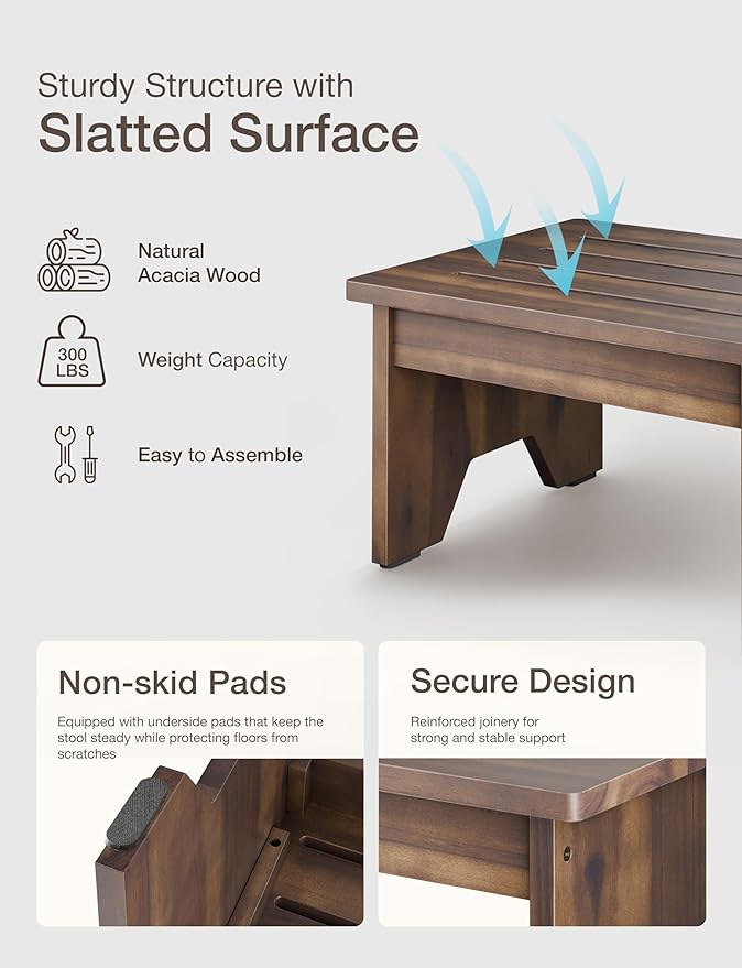 HOLANA 9” Acacia Wooden Foot Stool 300LBS Weight Capacity - Bed Steps for High Beds for Adults, Step Stool for Bed - Wood Step Stool for Adults, Seniors, Handicap - Assembly Required (Walnut Color)