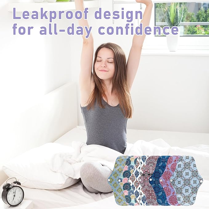 PHOGARY Reusable Menstrual Pads, 7 Pieces Bamboo Cloth Pads for Heavy Flow with Wet Bag, Large Sanitary Pads Set with Wings for Women, Washable Overnight Cloth Panty Liners Period Pads